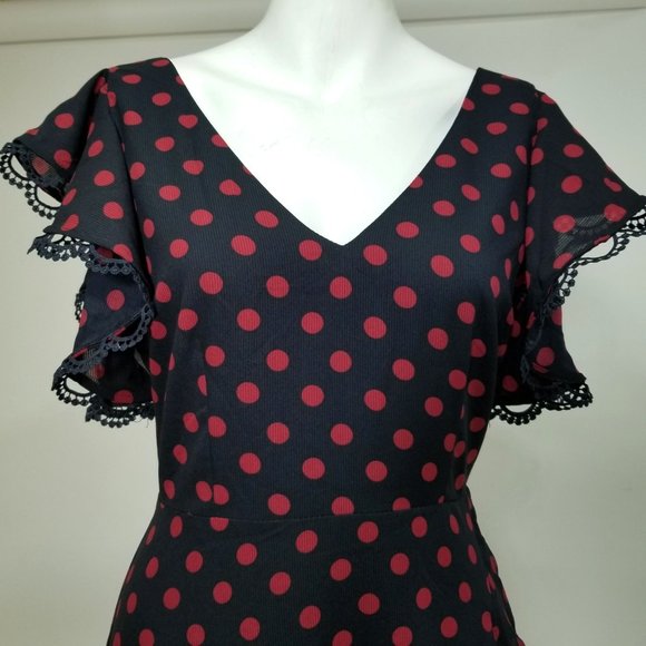 BB Dakota Dress 4 Navy Blue Red Polka Dot Lace V Pin Up Gothic Punk Alt Cosplay - Picture 2 of 9